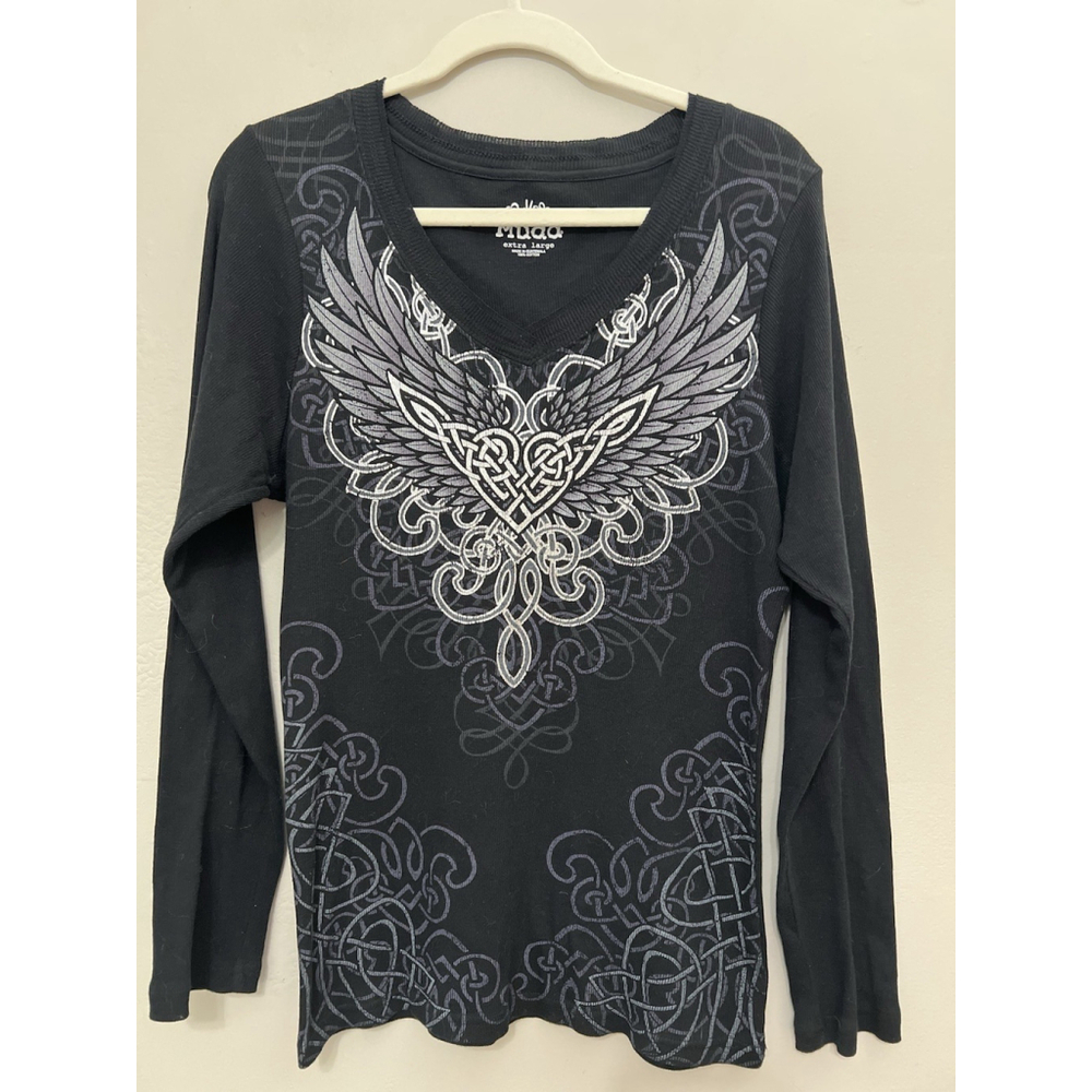 Mudd Y2K Dark Fairy Wings Long Sleeve Graphic Shirt Whimsigoth‎ Romantic XL